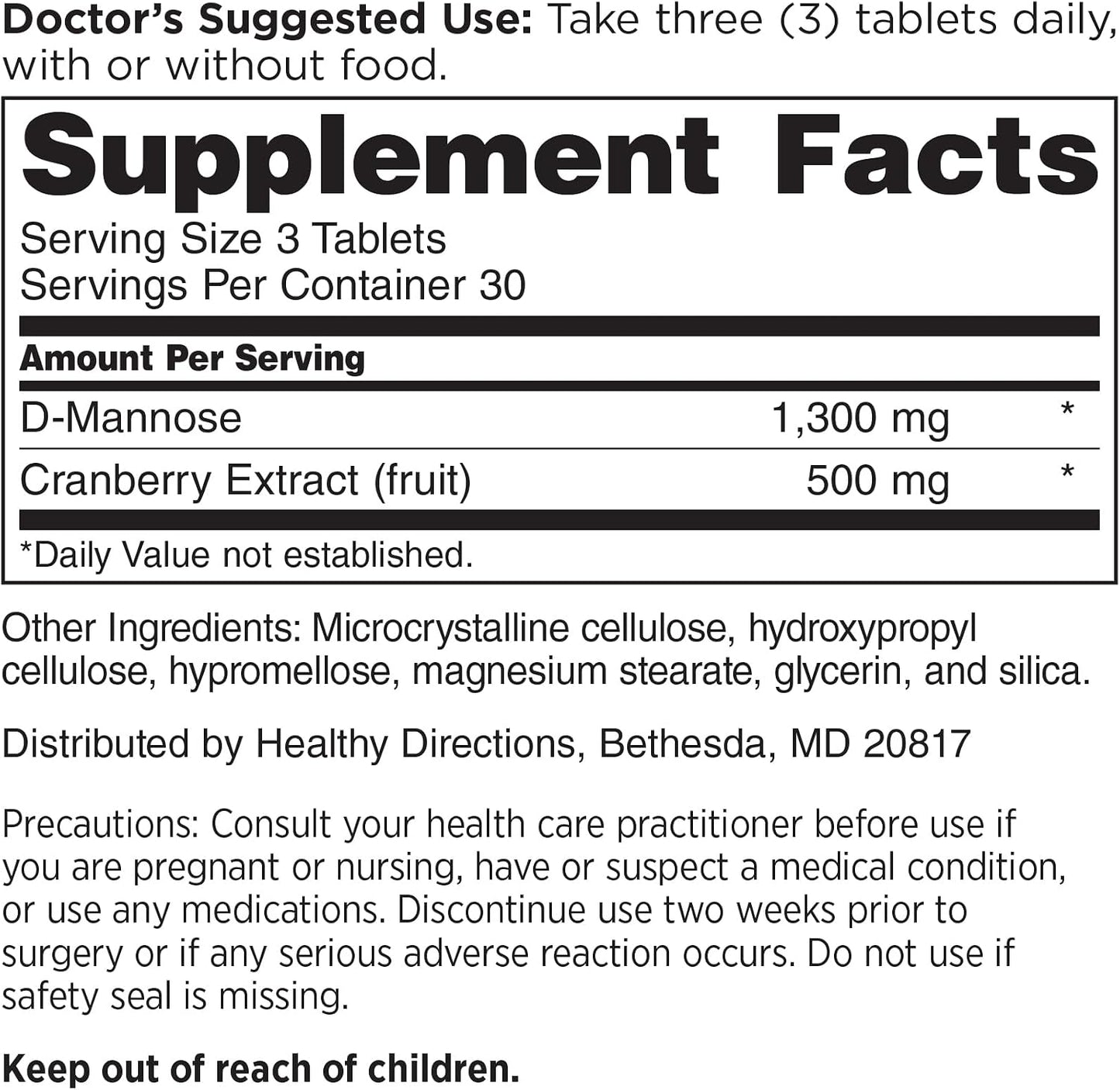 DOCTORS' PREFERRED D-Mannose 1300mg w/Cranberry Extract for Urinary Health