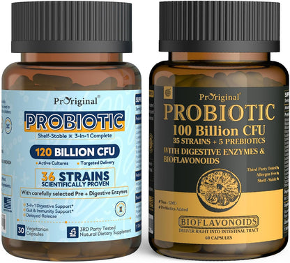 Probiotic 100 Billion CFU + 120 Billion CFU for Gut & Digestive Health, Vegan Acidophilus Probiotic Supplement
