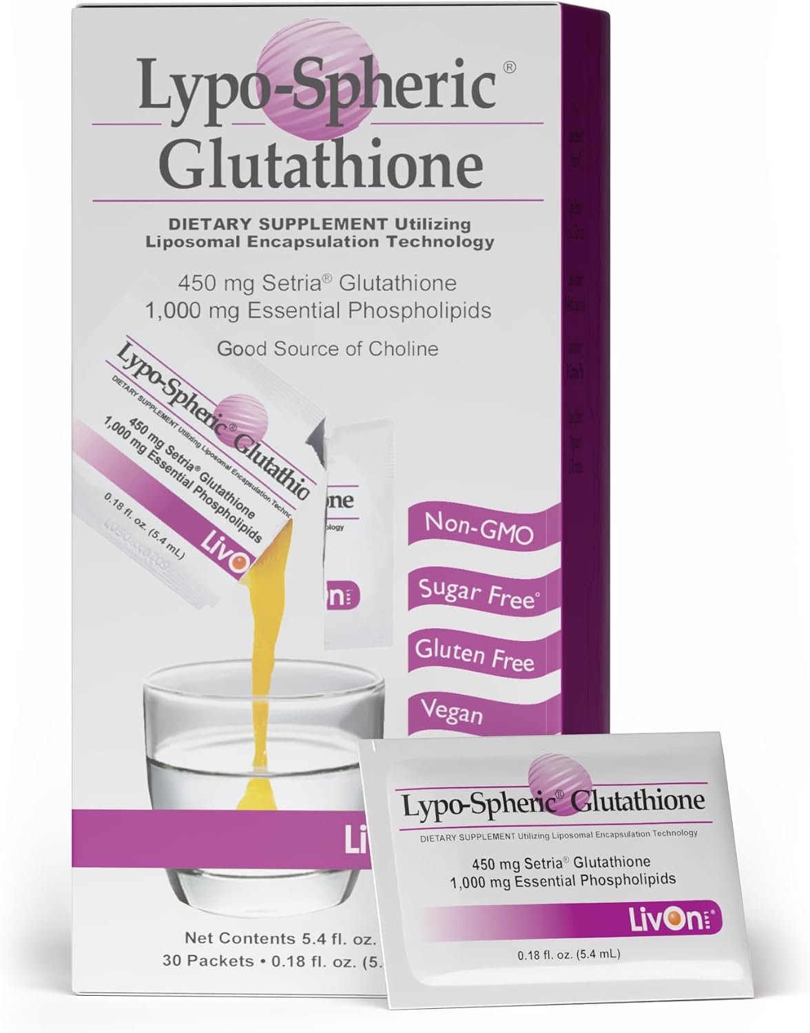 LivOn Laboratories Lypo-Spheric Glutathione - 30 Packets – 450 mg Glutathione Per Packet – Liposome Encapsulated for Maximum Bioavailability – Professionally Formulated – 100% Non-GMO