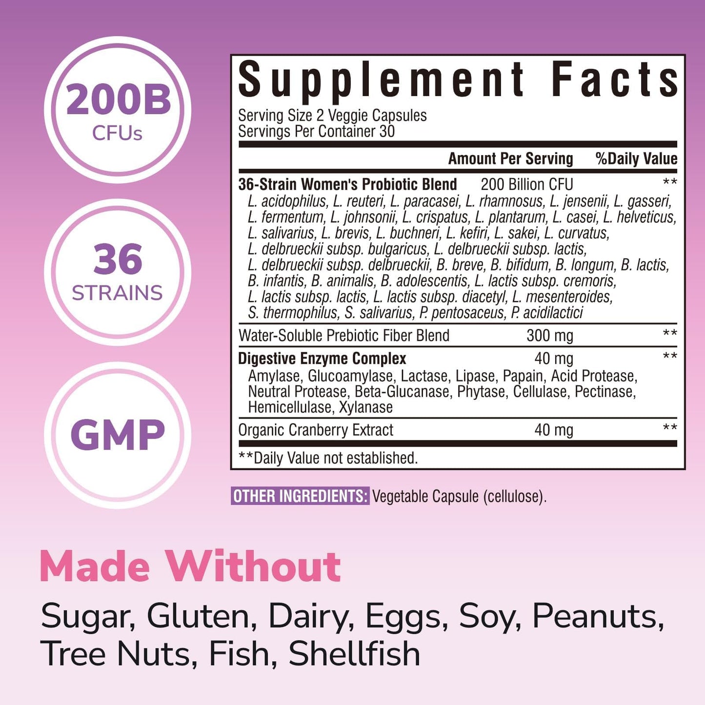 Vitalibre Probiotics for Women 30 Strains, 100B CFUs Vaginal Probiotics | with Digestive Enzymes, Prebiotics & Cranberry for Urinary Tract Health, pH Balance, 30 Veggie Capsules