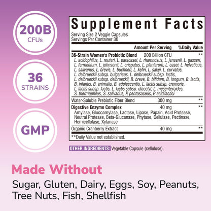 Vitalibre Probiotics for Women 30 Strains, 100B CFUs Vaginal Probiotics | with Digestive Enzymes, Prebiotics & Cranberry for Urinary Tract Health, pH Balance, 30 Veggie Capsules