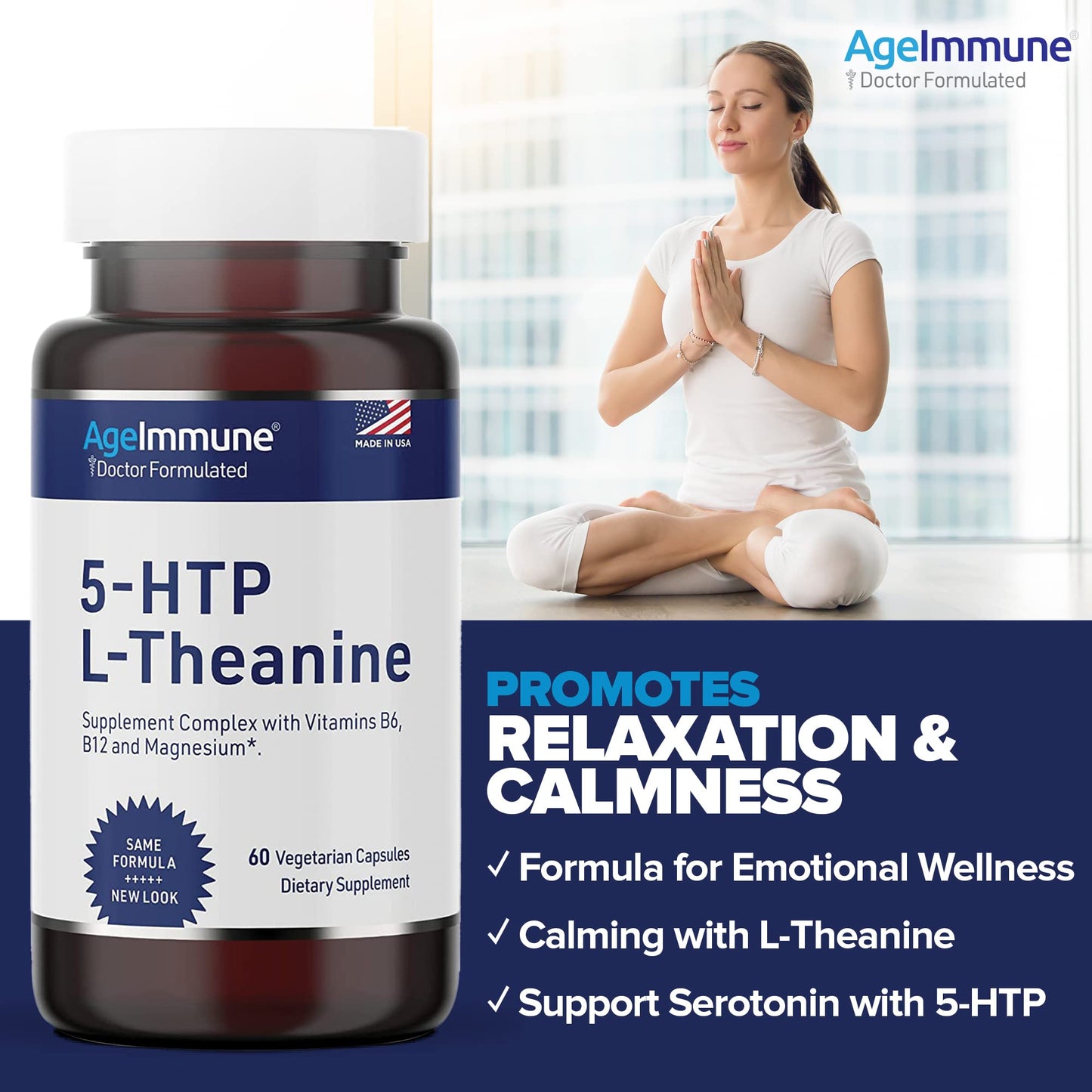 5-HTP 100mg with L-Theanine 400 mg Formula for Stress Relief and Relaxation Support for Teens and Adults with Vitamins B6 - B12 and Magnesium Bisglycinate - Doctor Formulated – without stearates.