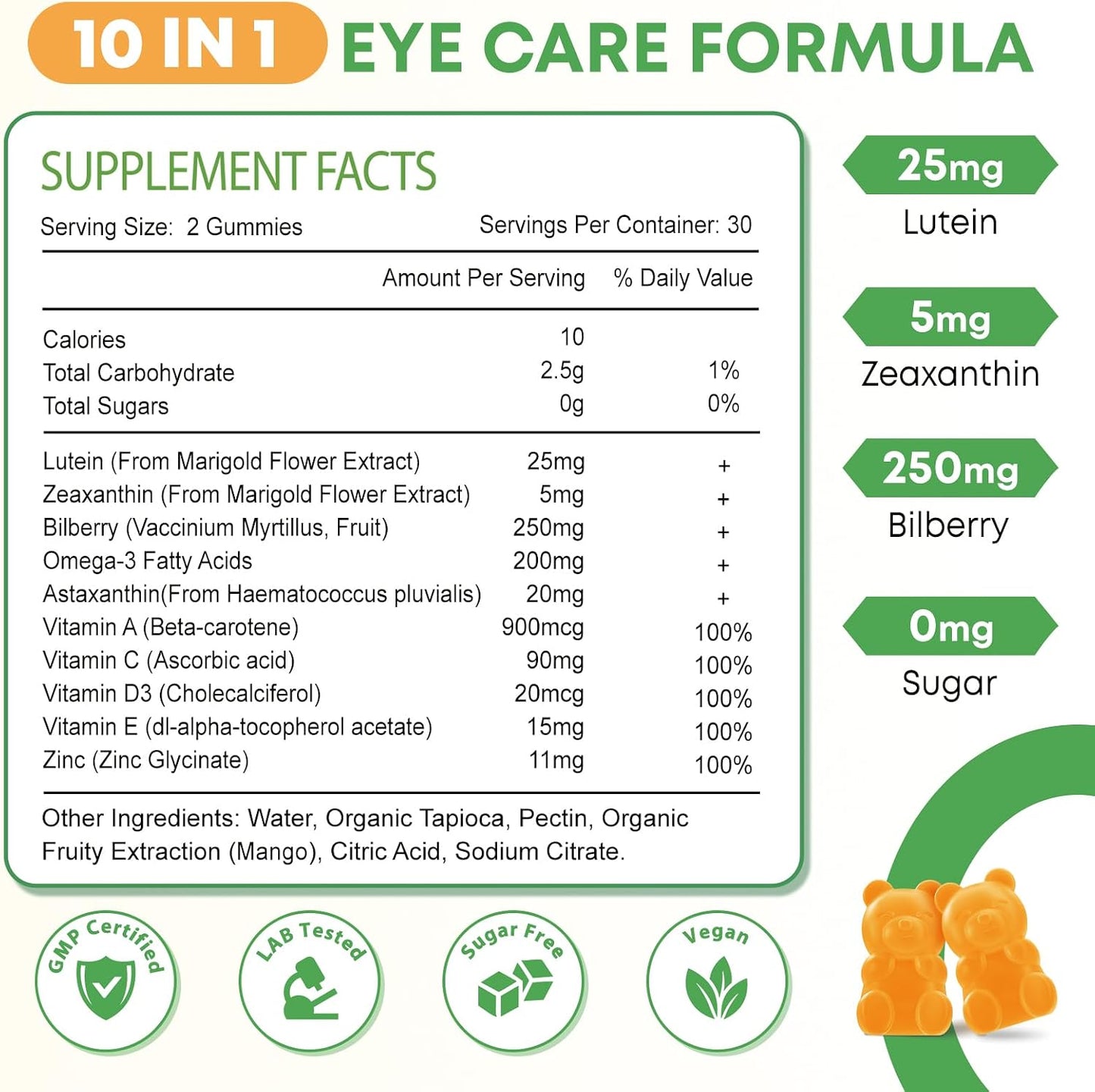 2 Pack Lutein Gummies 25mg, Sugar Free Lutein Zeaxanthin Supplements Gummies, Eye Health Supplement for Adults, Eye Vitamins Lutein for Vision and Blue Light Protection, Mango Flavor, 120 Count