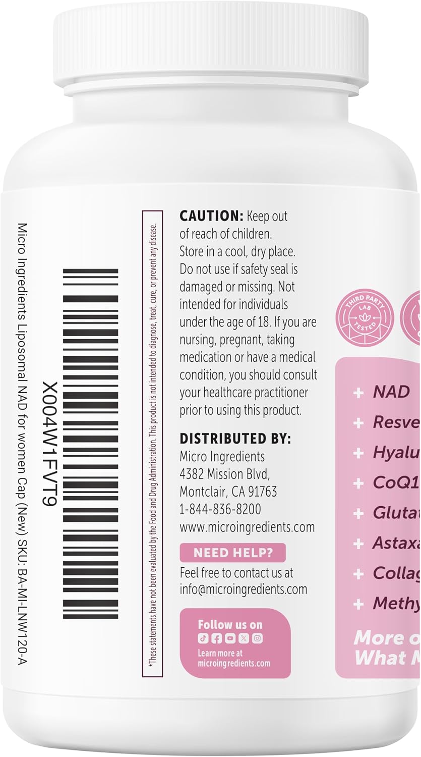 Micro Ingredients Liposomal NAD+ for Women Complex, 180 Veggie Capsules | NMN Pathway Supplement | 12-in-1 Advanced NAD Formula with Resveratrol, Hyaluronic Acid, Glutathione, & Collagen