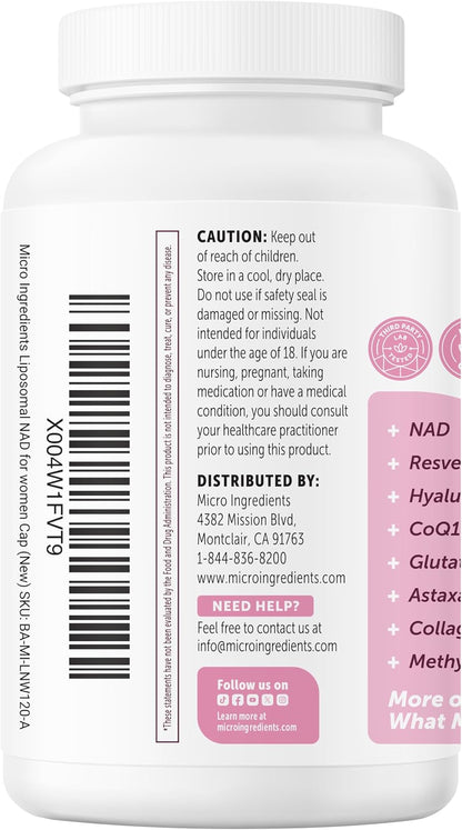 Micro Ingredients Liposomal NAD+ for Women Complex, 180 Veggie Capsules | NMN Pathway Supplement | 12-in-1 Advanced NAD Formula with Resveratrol, Hyaluronic Acid, Glutathione, & Collagen