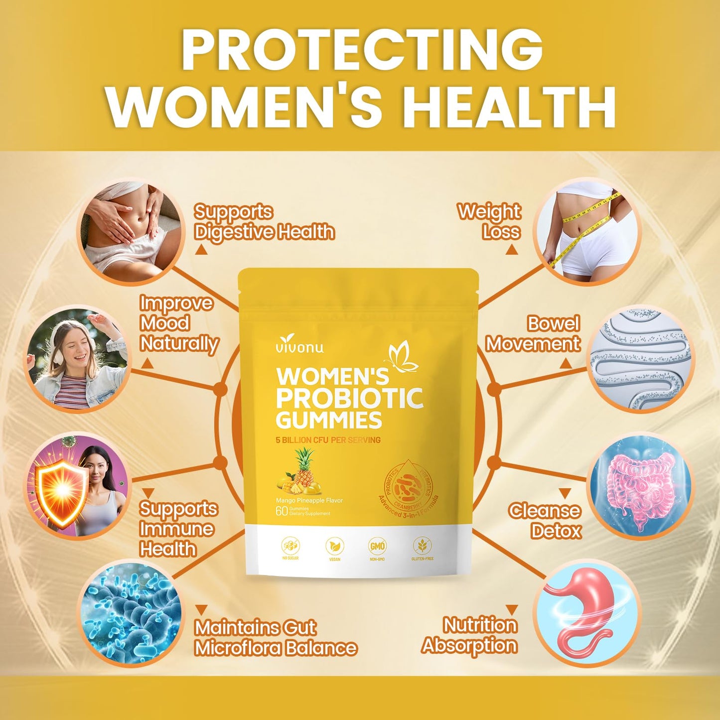 VivoNu Pineapple Gummies for Women Ph, Women Probiotic Gummies, Feminine Balance Gummy, Mango Pineapple Viginal Probiotics for Woman Vaginigal Health, Yeast Ph Balance