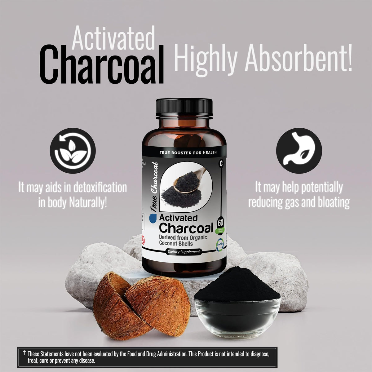 TRUEMED Activated Charcoal - 1200 mg - 60 Capsules - from Organic Coconut Shells