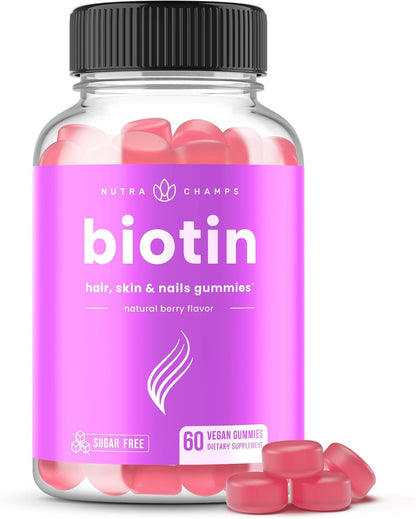 NutraChamps Sugar Free Biotin Gummies 10000mcg [High Potency] - Healthy Hair, Skin & Nails for Women, Men & Kids - 5000mcg in Each Gummy - Vegan, Non-GMO, Hair Health Vitamins Supplement - Raspberry