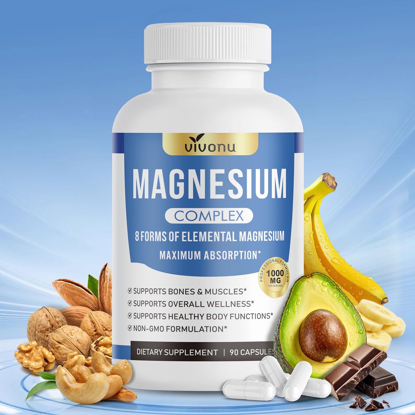 Triple Magnesium Complex for Women and Men, Magnesium Glycinate 400mg, Malate, Citrate, High Absorption Chelated Magnesium Supplement Support Sleep, Muscle, Non-GMO, Gluten Free - 240 Capsules