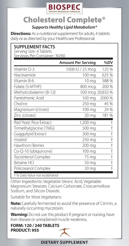 BIOSPEC NUTRITIONALS Cholesterol Complete - Natural Cholesterol Support for Cardiovascular and Heart Health* - Red Yeast Rice, CO-Q-10, Hawthorn, Magnesium (240 Tablets)