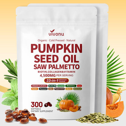 VivoNu Pumpkin Seed Oil with Saw Palmetto Capsules | 4500mg | 300 Count| 33 in 1 Vitamin C D3 B12 E A, Castor, Zinc, Biotin, Iron, Peppermint | Hair Growth & DHT Blocker for Women Men | 300 Count| 33 in 1 Vitamin C D3 B12 E A, Castor, Zinc, Biotin, Iron,