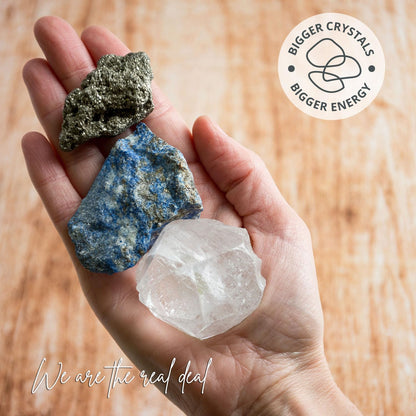 5PCS SAMSARI Abundance XL Crystals Healing Set - (Pyrite, Lapis Lazuli, Clear Quartz), 1 Palo Santo Stick