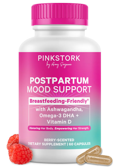 Pink Stork Postpartum Mood Support, 30-Day Supply | Postnatal Supplement for Women, Breastfeeding Friendly, Ashwagandha, Saffron, DHA, Methylated B12, Stress & Cognitive Support
