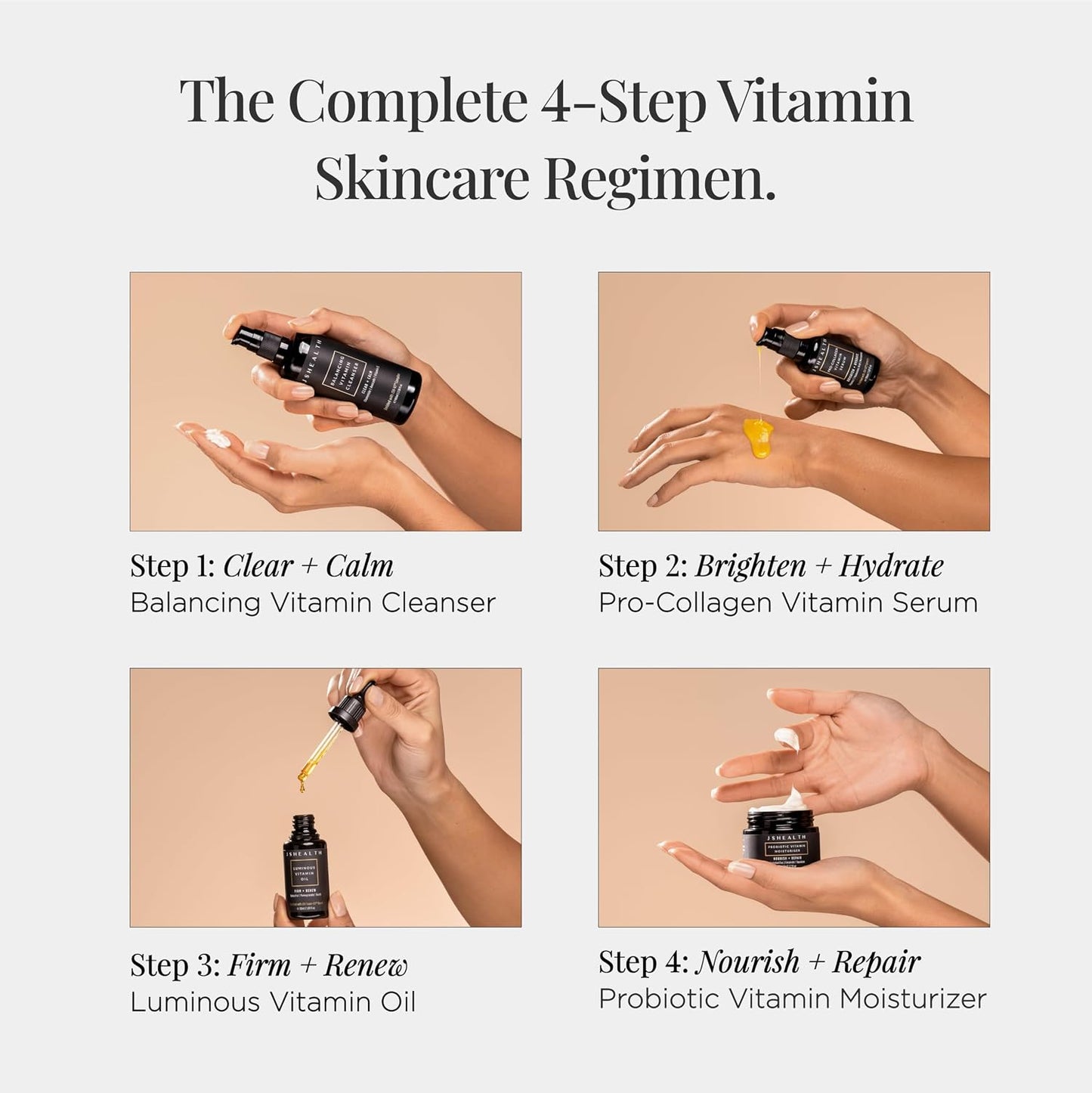 JSHealth 4-Step Vitamin Skincare System Clean, Hydrate, Firm, Repair | Complete Skin Care Routine with Vitamin C Serum, Moisturizer, Face Oil, & Facial Cleanser