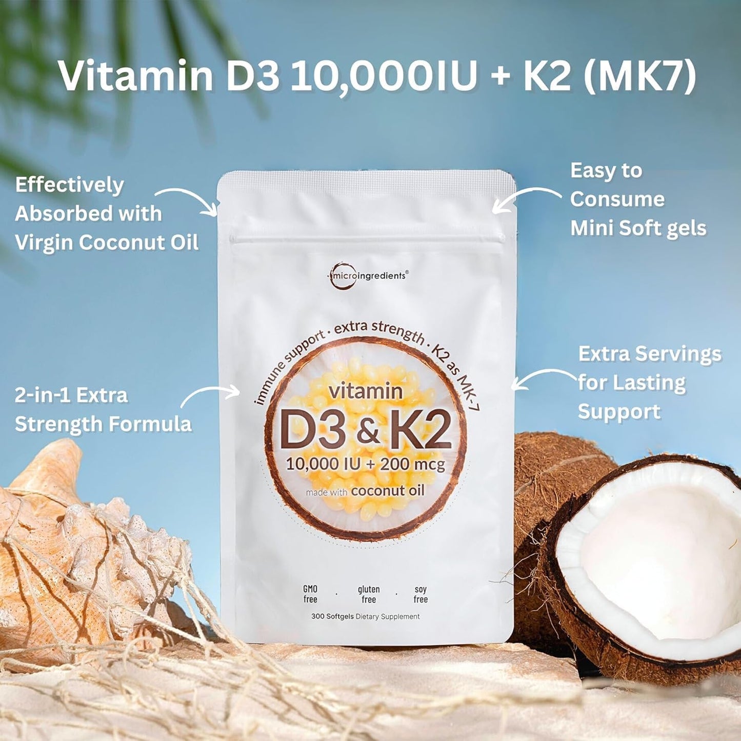 Micro Ingredients Vitamin D3 10,000 IU + K2 MK-7 200 mcg, 300 Softgels with Virgin Coconut Oil | 2-in-1 Vitamins D & K Complex | Extra Strength, Easy to Swallow, Non-GMO, Gluten Free