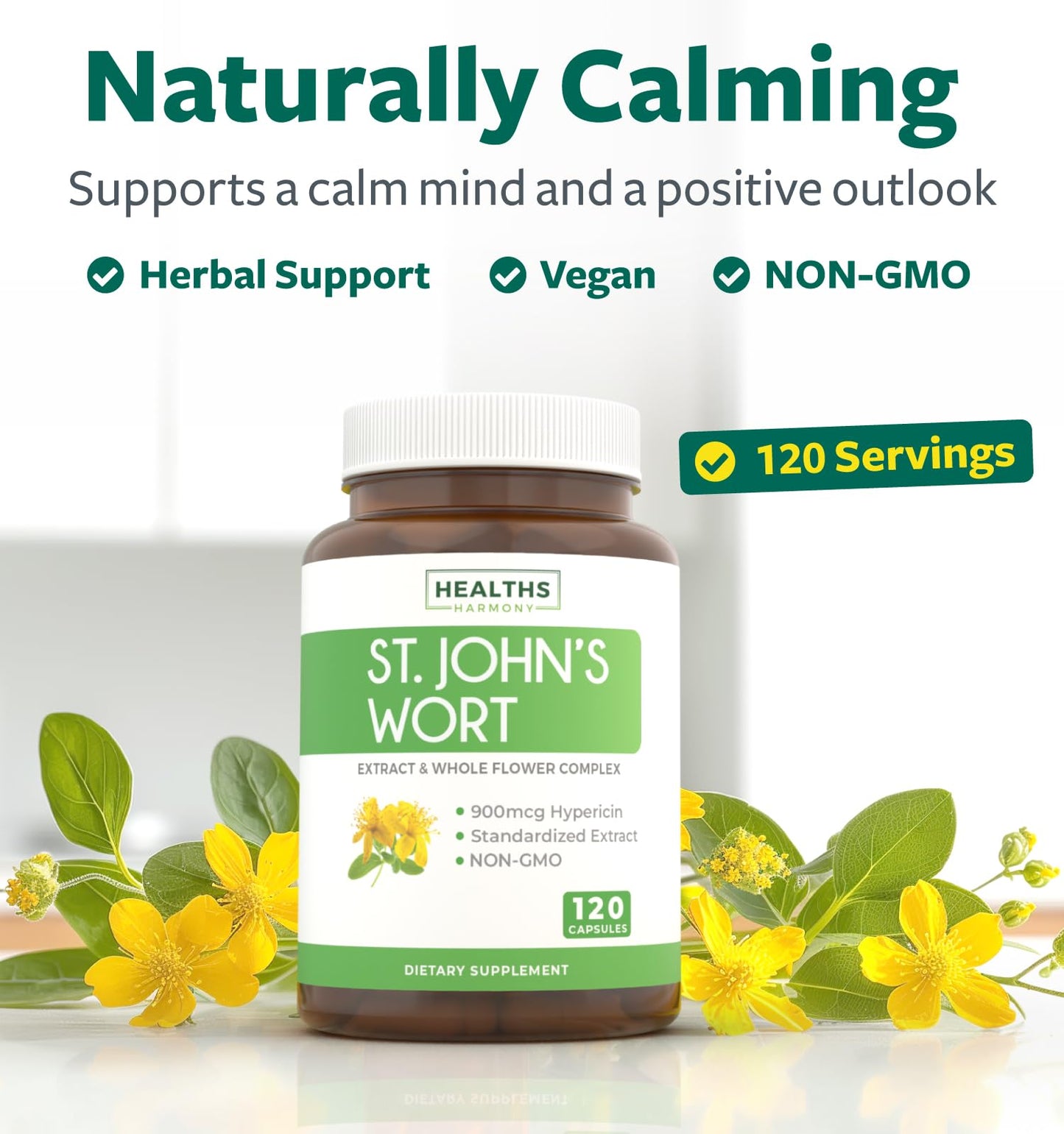 St John's Wort Capsules - Powerful & Potent Saint John's Wort Extract & Whole Herb Complex Standardized to 900mcg Hypericin for Balancing Daily Mood Support - Vegan Non-GMO & Lab Verified (120 Caps)