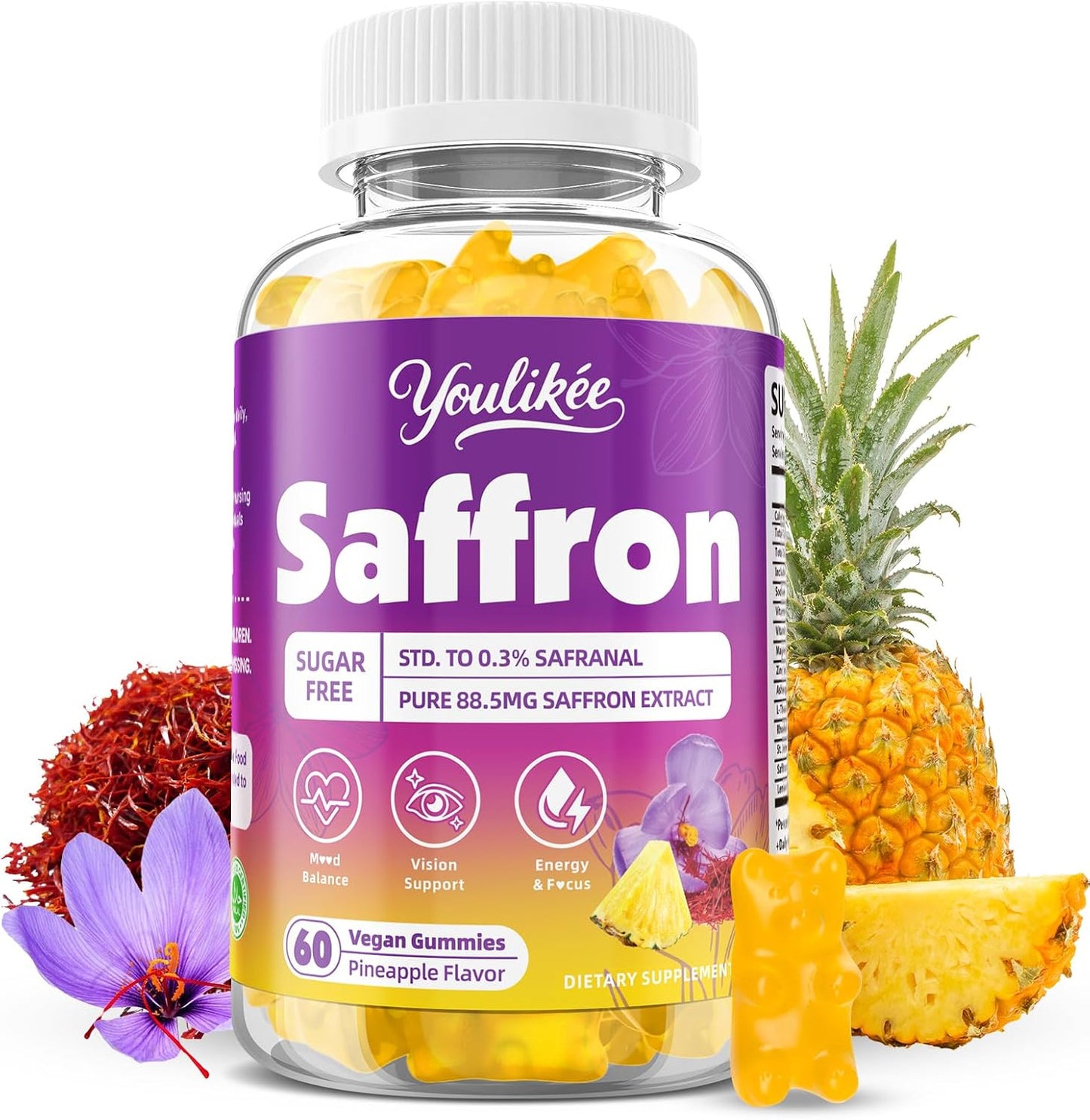 Saffron Gummies 88.5mg, Pineapple Flavor, 60 Count