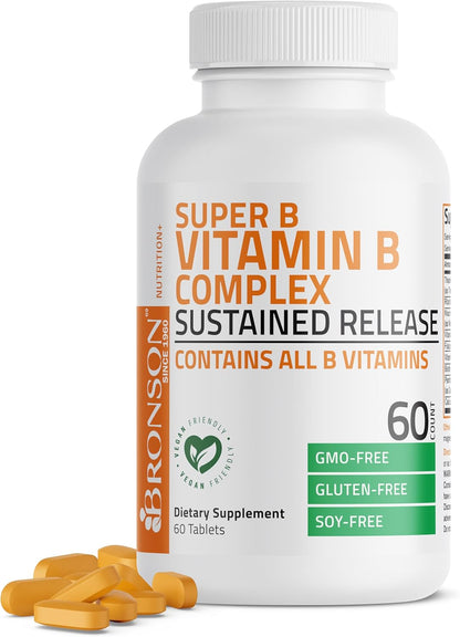 Bronson Super B Vitamin B Complex Sustained Release for Energy, 60 Tablets | B1, B2, B3, B6, Folic Acid, B12, Biotin & Pantothenic Acid, One-Tablet Formula, Non-GMO, Gluten-Free & Soy-Free