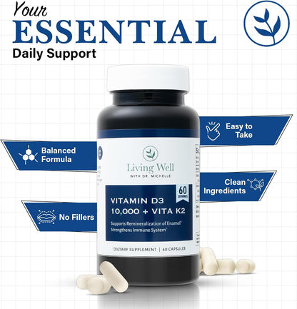Living Well Dr. Michelle Vitamin D3 10,000 IU with K2, 60 Capsules