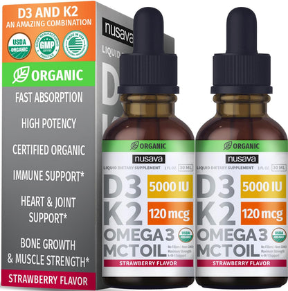 NUSAVA Vitamin B12 Liquid Drops, Strawberry Flavored D3 K2 & Vanilla Flavored D3 K2 Bundle — Daily Wellness Liquid Vitamins for Energy & Immune Support — Non-GMO, Gluten-Free, 2pk Each