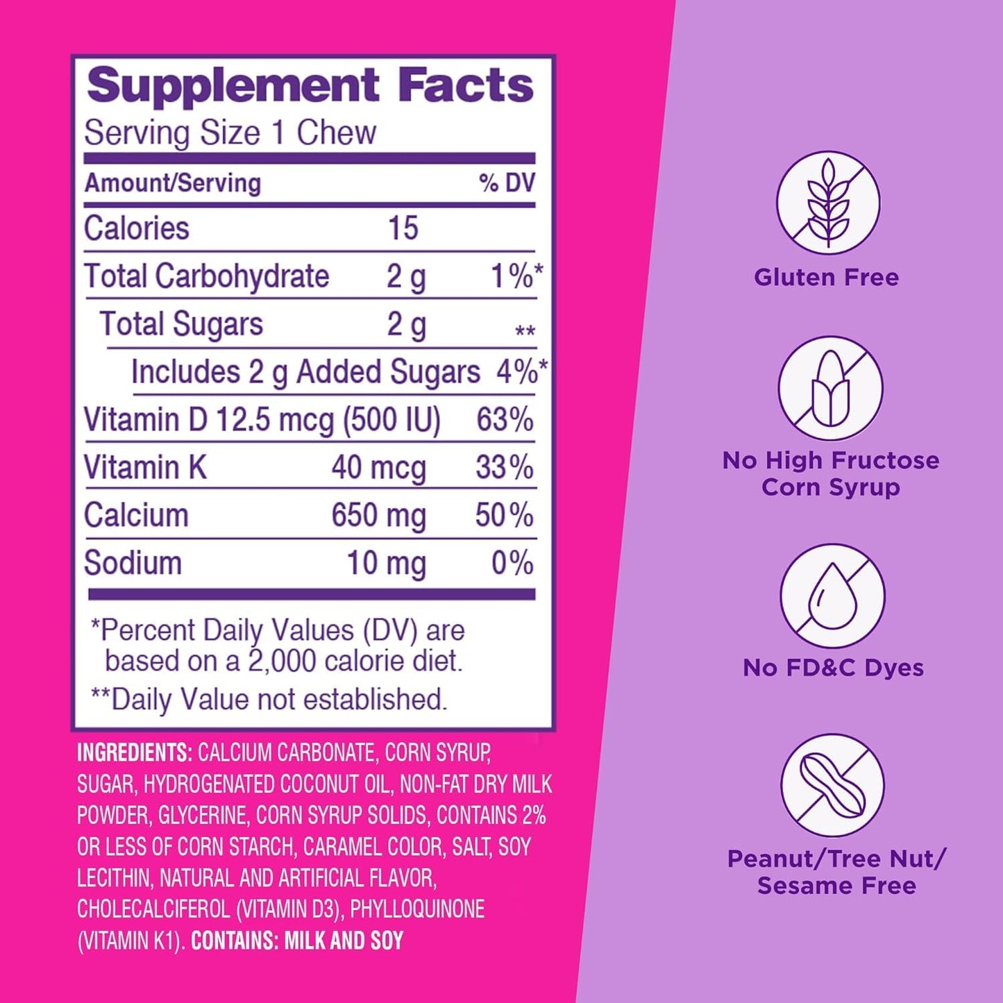 Viactiv Calcium + Vitamin D Supplement Soft Chews for Women & Men - Chewable Calcium for Bone Health Support, 650 mg per Serving, Vitamin D & K for High Absorption - 60 Count, Caramel