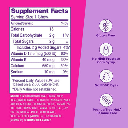 Viactiv Calcium + Vitamin D Supplement Soft Chews for Women & Men - Chewable Calcium for Bone Health Support, 650 mg per Serving, Vitamin D & K for High Absorption - 60 Count, Caramel