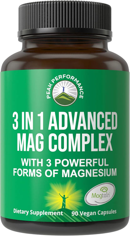 3 in 1 Advanced Magtein Magnesium Complex Capsules with Clinically Tested Magnesium L-Threonate, Glycinate & Taurinate. High Absorption & Bioavailability. Support Brain, Focus & Memory. 90 Vegan Pills