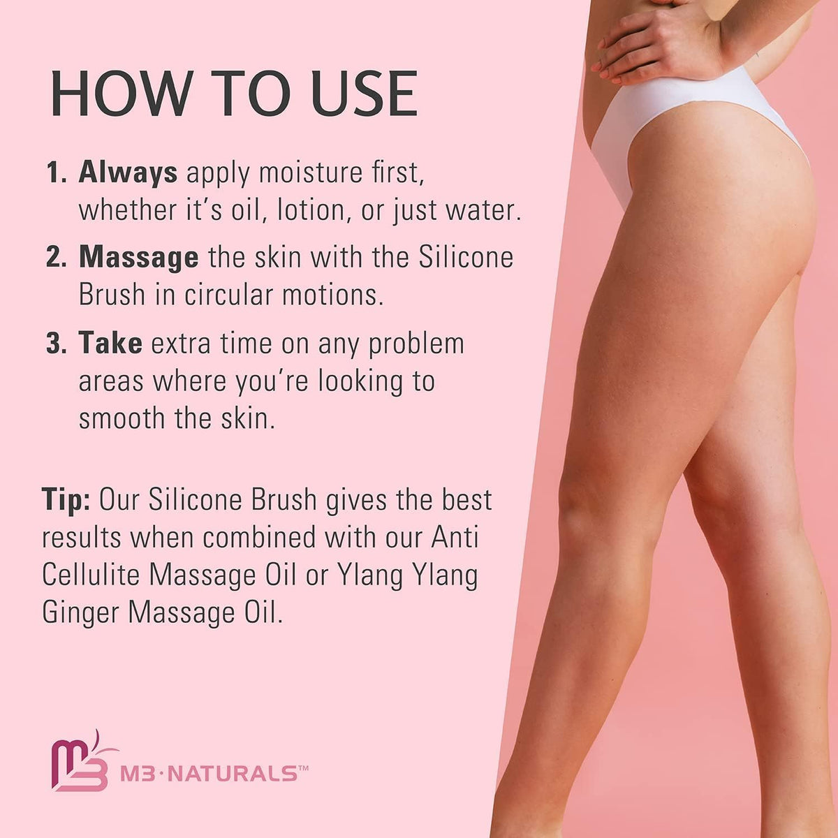 Anti Cellulite Massage Oil and Silicone Brush Bundle by M3