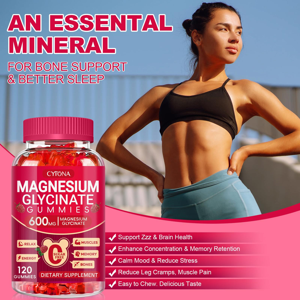 Magnesium Glycinate Gummies 600mg, Sugar Free Magnesium Gummies for Adults