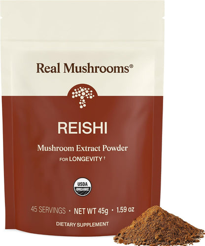 Real Mushrooms Reishi Mushroom Powder - Handpicked Organic Mushroom Extracts - Red Reishi for Tranquil Daily Wellness with Verified Beta Glucans Vegan, Non-GMO, No Grain Fillers, 45 Servings