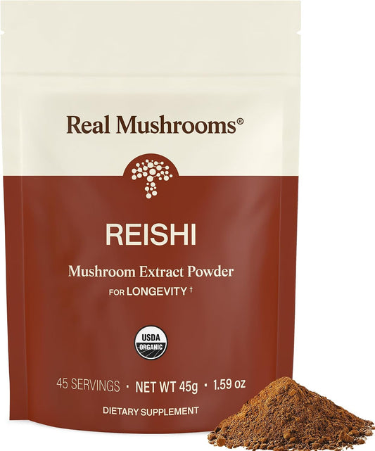 Real Mushrooms Reishi Mushroom Powder - Handpicked Organic Mushroom Extracts - Red Reishi for Tranquil Daily Wellness with Verified Beta Glucans Vegan, Non-GMO, No Grain Fillers, 45 Servings