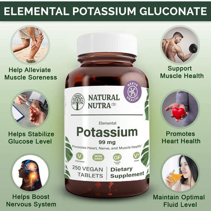 Natural Nutra Elemental Potassium Gluconate 99 mg Dietary Supplement – Promotes Energy, Helps Boost Nervous System, Promotes Heart Health, Mineral Regulation, Muscle Function - 100 Vegan Tablets