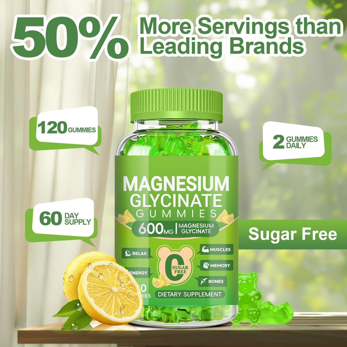 Magnesium Glycinate Gummies 600mg, Sugar Free Magnesium Gummies for Adults