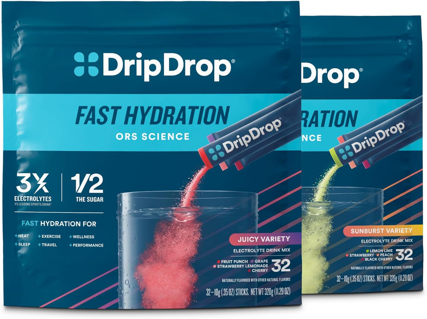 DripDrop Hydration Juicy Sunburst Variety Bundle Electrolyte Packets, 32 Ct | Grape, Fruit Punch, Strawberry Lemonade, Cherry, Lemon Lime, Strawberry, Peach, Black Cherry; Single Serve Powder Drink Mix