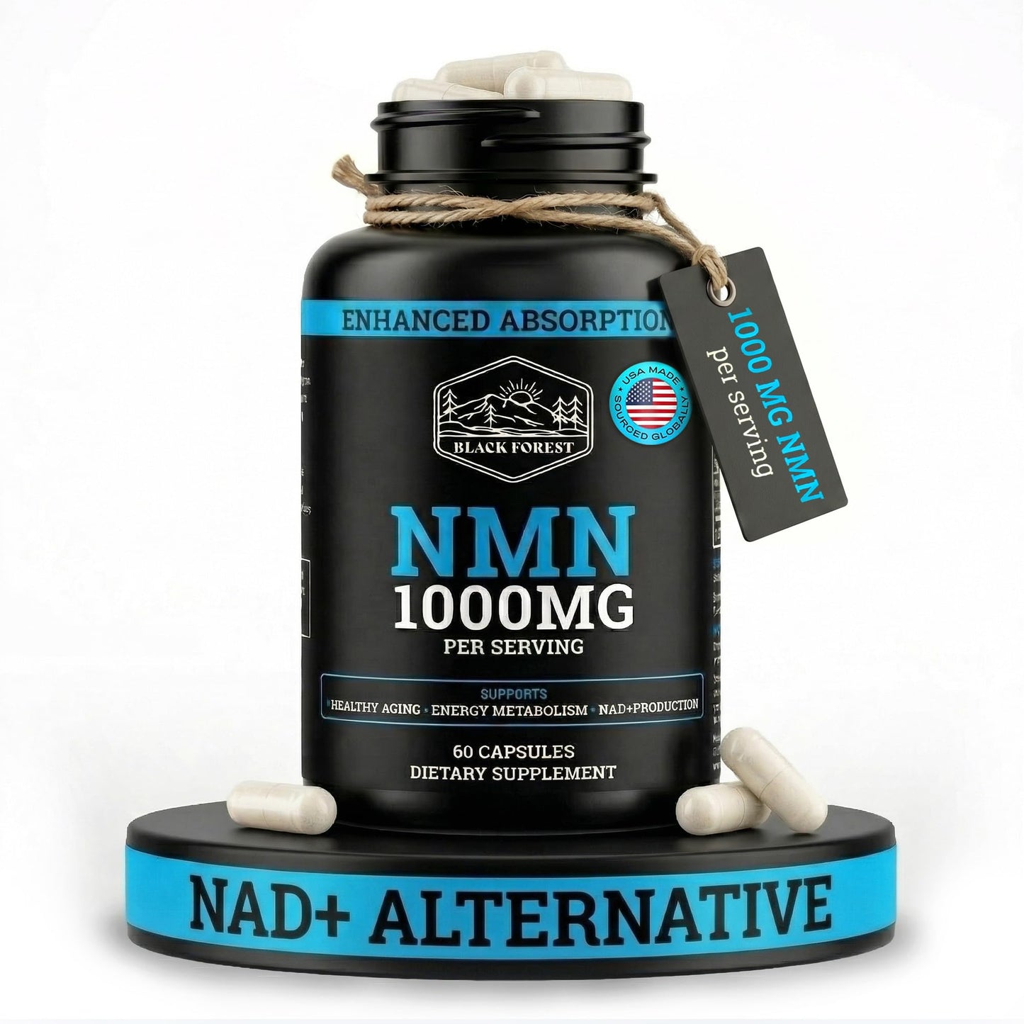 Black Forest NMN Supplements 1000mg (Nicotinamide Mononucleotide) 99% Pure, Stabilized Form, BioPerine® for Enhanced Bioavailability (60 Capsules) (NMN 1000mg per Serving) NAD Supplement for NAD