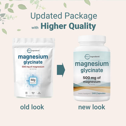 Micro Ingredients Magnesium Glycinate 500mg Per Serving, 240 Capsules | Potent Elemental Form, Chelated, High Absorption | Healthy Muscle, Bones, & Mood Support Supplement | Non-GMO