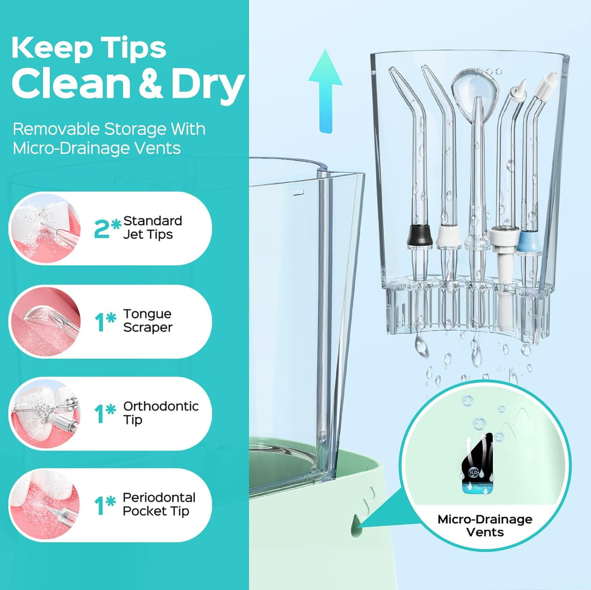 COSLUS E2 Water Dental Flosser for Teeth, Multi-User Family Use, Green