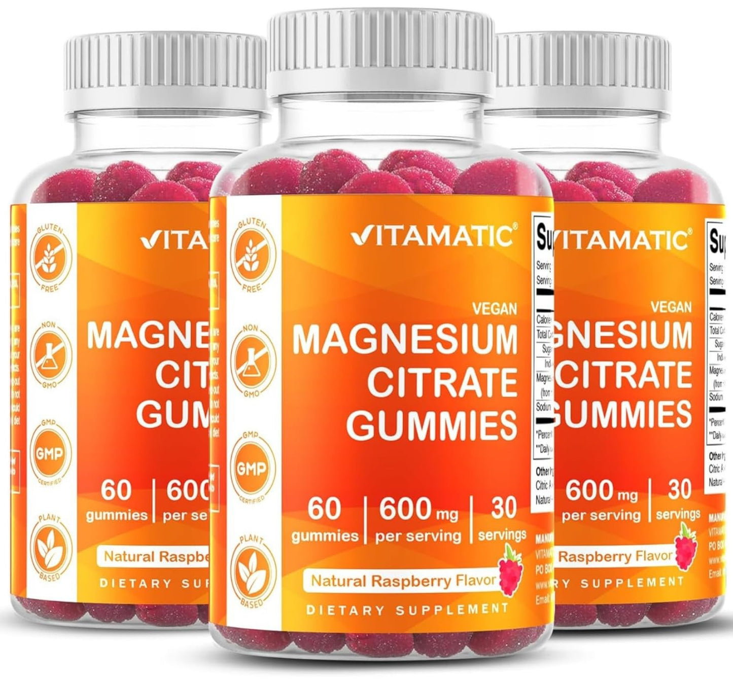 Vitamatic Magnesium Citrate Gummies, 600 mg, 60 Vegan Gummies | 600 mg Magneisum Citrate Per Serving with 70 mg of Elemental Mg, Natural Raspberry Flavor, Non-GMO, Gluten Free, Pectin Based