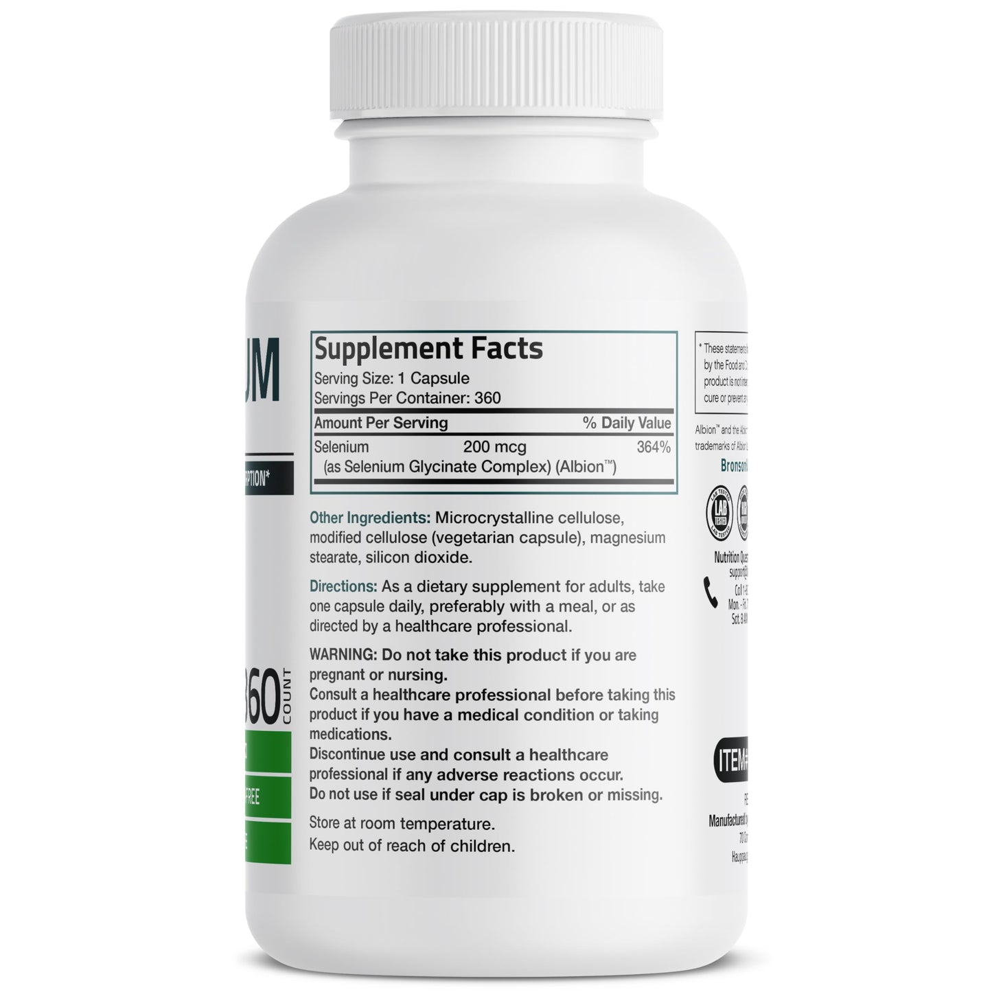 Bronson Selenium 200 mcg Albion Chelated Amino Acid Complex, 250 Capsules | Yeast-Free Essential Trace Mineral, Immune, Prostate & Metabolism Support, Vegetarian, Non-GMO, Gluten-Free & Soy-Free