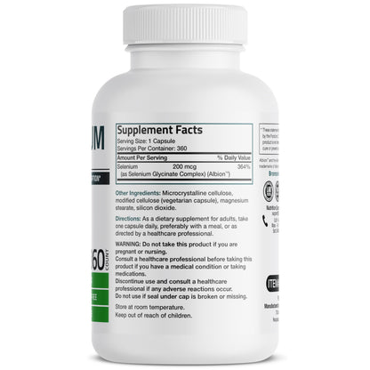 Bronson Selenium 200 mcg Albion Chelated Amino Acid Complex, 250 Capsules | Yeast-Free Essential Trace Mineral, Immune, Prostate & Metabolism Support, Vegetarian, Non-GMO, Gluten-Free & Soy-Free