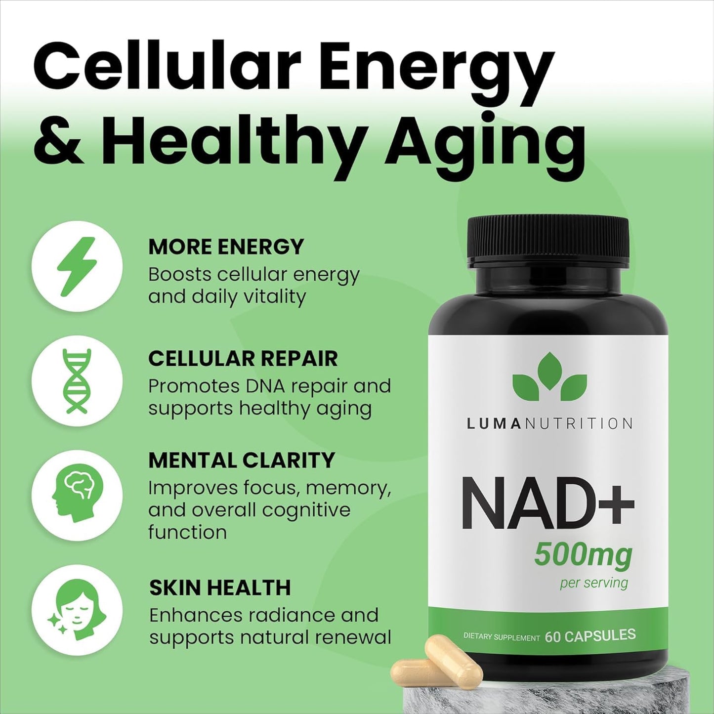 Luma Nutrition NAD+ Supplement 1000mg for Women & Men - 60 Capsules