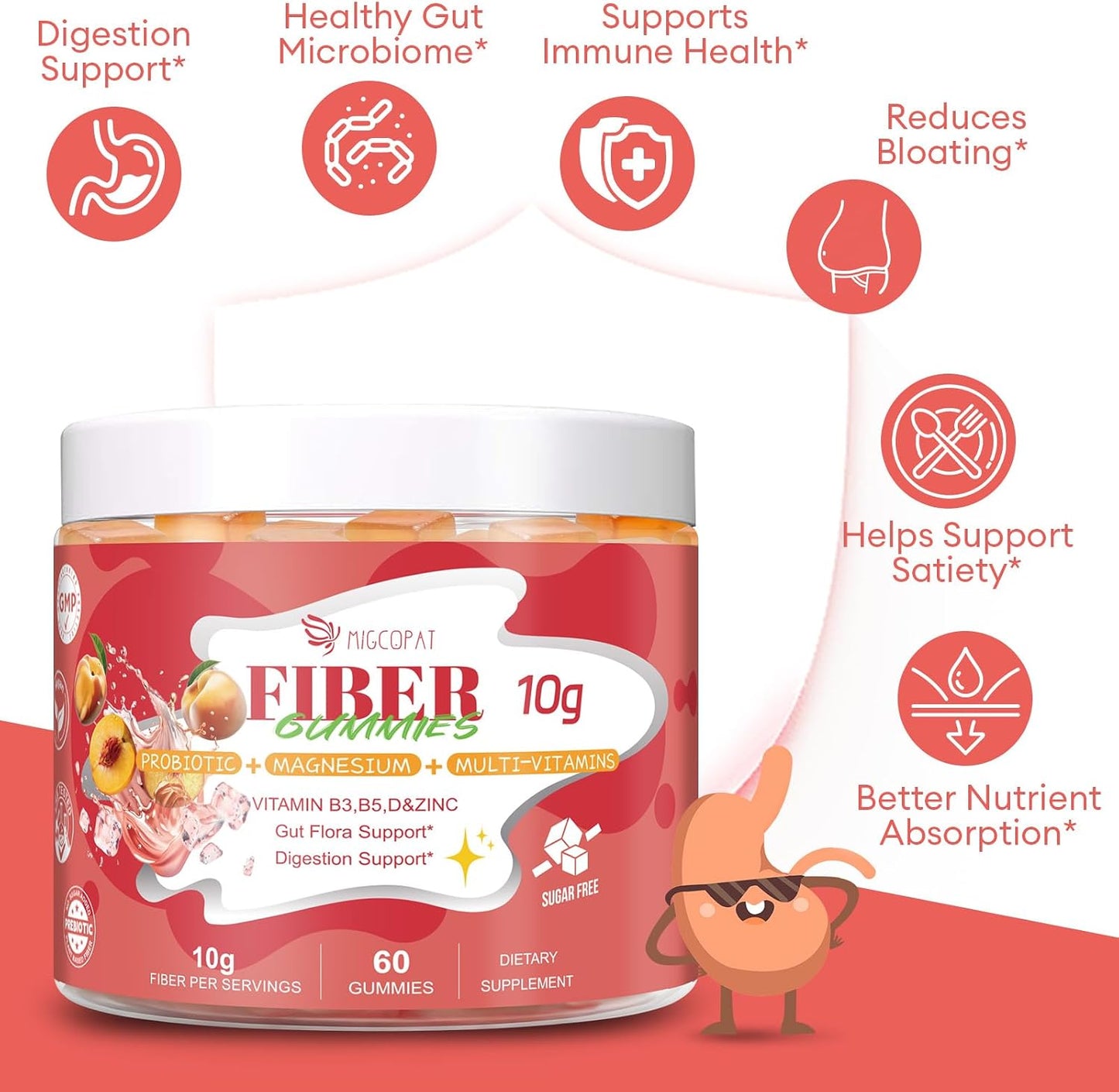 Migcopat 10G Fiber Gummies for Adults with Vitamins C, D, B3, B5 - Digestive & Gut Health Gummies with 30 Billion CFU Probiotics Blend, Inulin, ACV, Magnesium, Zinc, Support Digestive Health, 60 Cts