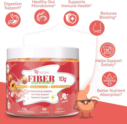 Migcopat 10G Fiber Gummies for Adults with Vitamins C, D, B3, B5 - Digestive & Gut Health Gummies with 30 Billion CFU Probiotics Blend, Inulin, ACV, Magnesium, Zinc, Support Digestive Health, 60 Cts