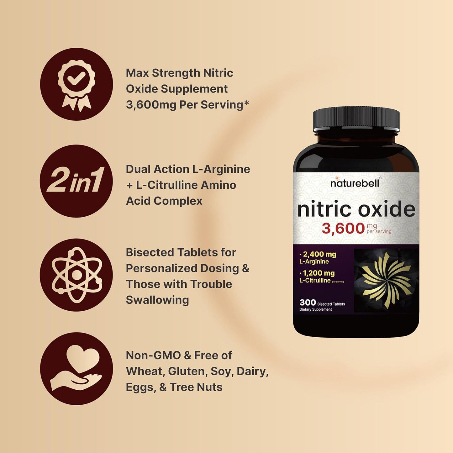NatureBell Nitric Oxide Supplement for Men & Women – Pre-Workout Formula with L-Arginine & L-Citrulline – 3,600mg, 300 Bisected Tablets (100 Servings) – Max Strength – Non-GMO, Gluten Free*