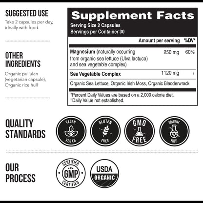 Organic Whole Food Magnesium Supplement - Plant-Based, Organic Sea Vegetable Complex - 250 mg Per Serving | Water Extracted | Gentle on Stomach | Supports Energy, Sleep, Muscle, Heart - 60 Capsules