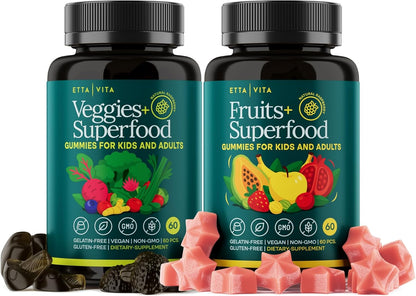 (120 Chews) Fruits and Veggies Supplement - Super Greens Gummies (9 Superfruits & 30 Veggies) Mushrooms, Fruit and Vegetable Vitamins, Non-GMO, Pectin-Based, Gluten-Free, No Capsules