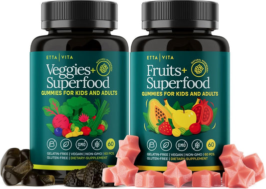 (120 Chews) Fruits and Veggies Supplement - Super Greens Gummies (9 Superfruits & 30 Veggies) Mushrooms, Fruit and Vegetable Vitamins, Non-GMO, Pectin-Based, Gluten-Free, No Capsules