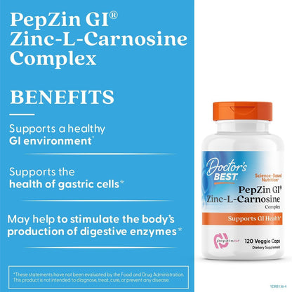 Doctor's Best PepZin GI, Zinc-L-Carnosine Complex for Men & Women - Zinc Carnosine Supplement Caps for Gut Health, Digestive Support, & Stomach Comfort, Vegan, Gluten Free - 120 Veg Capsules