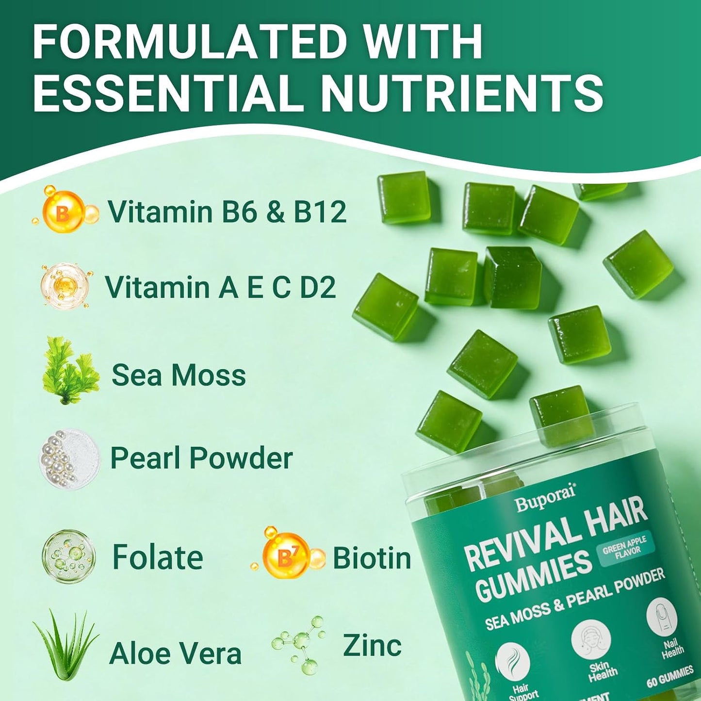 Hair Growth Gummies, Revival Hair Sea Moss Biotin Gummies with Pearl Powder Supports Faster Hair Growth, Stronger Nails, Healthy Skin, Extra Strength
