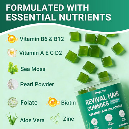 Hair Growth Gummies, Revival Hair Sea Moss Biotin Gummies with Pearl Powder Supports Faster Hair Growth, Stronger Nails, Healthy Skin, Extra Strength